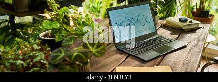 Laptop Displaying Financial Charts on Desk with Plants Stock Photo