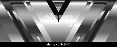 Abstract metallic geometric background with mirrored silver and black V shapes, sharp diagonal panels, glossy gradients, futuristic symmetry, luxury Stock Vector