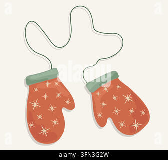 Flat lay Christmas knitted mittens vector elements set isolated on background. Cozy eco winter woolen gloves on a string for holiday decoration Stock Vector