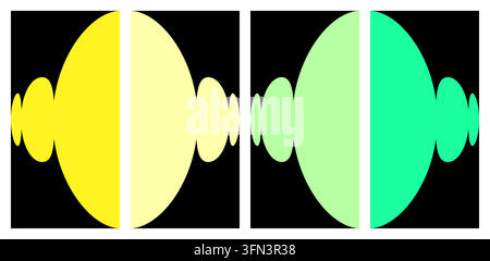 Symmetrical abstract fractal designs split into four vertical panels with vibrant yellow and green gradients on a dark background Stock Vector