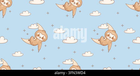 Seamless Pattern Playful Sloth Hanging on Moon with Cloud. Cute Little Baby Kawaii Animal Character Resting on Crescent on Blue Background. Horizontal Stock Vector