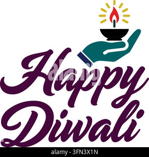 Happy diwali greeting with colorful diya lamp on hand illustration Vector Stock Vector