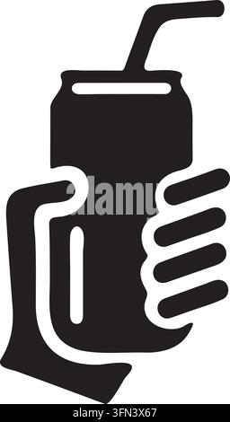 Minimalist black-and-white vector icon of a hand holding a beverage or a cold drink can with a straw, for refreshment and soda concepts. Stock Vector
