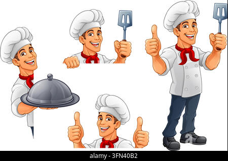 Cartoon chef man character set. Male cook or baker giving thumbs up, holding serving tray and peeking from blank sign. Ideal illustration for restaura Stock Vector
