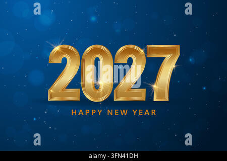 Happy New Year business blue background with festive lights and sparkles. Happy New Year 2026 Banner with Gold Luxury Numbers. 2027 Bokeh Holiday Card Stock Vector