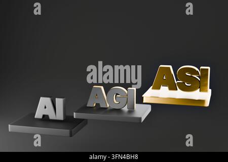 3D illustration of AI, AGI and ASI on rising steps, symbolizing the evolution of artificial intelligence from current AI to general intelligence and s Stock Photo