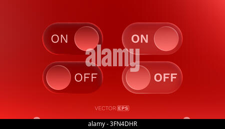 Stylish red glassmorphism UI toggle switches, showcasing ON and OFF states for modern interface design. Vector illustration. Stock Vector