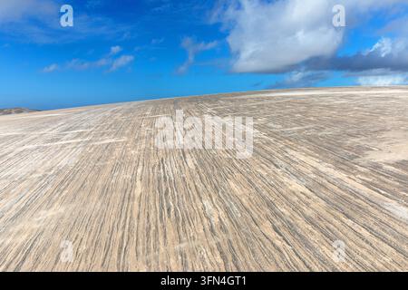 An abstract close-up of intricate wind-rippled lines and diverse mineral patterns on the white sand floors of Lencois Maranhenses, Brazil. Stock Photo