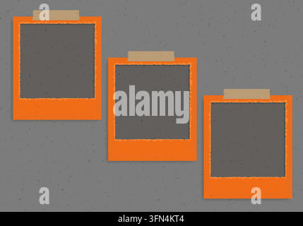 A set of three empty orange polaroid-style picture frames attached with tape to a dark gray textured paper background, perfect for creative projects. Stock Vector