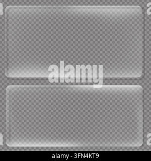 A set of two rectangular frosted glass panels with smooth rounded corners, featuring realistic light reflections and drop shadows on a transparent gri Stock Vector