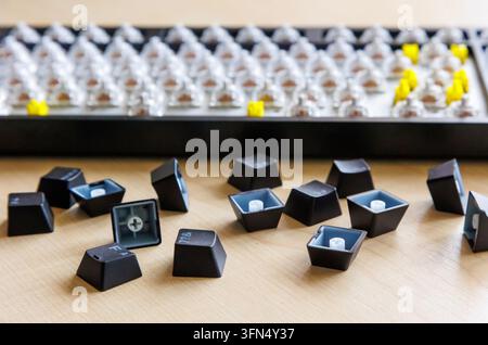 Removed keycaps, keyboard parts on desk, disassembled computer keyboard in background, replacement keys, hardware components, repair, maintenance. Stock Photo