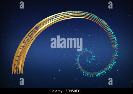 Fibonacci numbers sequence, Golden ratio, spiral golden proportion. Vector illustration isolated on blue galaxy background Stock Vector