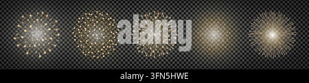 Gold realistic fireworks pack isolated on transparent background. Detailed firework png holiday celebration element. Stars, glitter, sparkles. Luxury Stock Vector