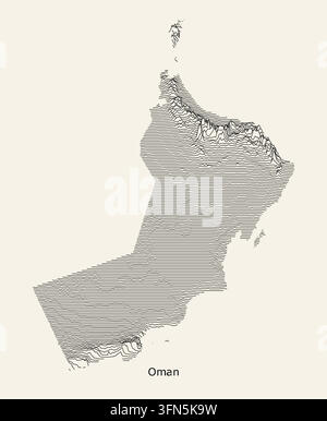 Detailed 3D shaded relief map poster of Oman showcasing physical geography, mountain ranges, valleys, and terrain elevation variations in a monochrome Stock Vector