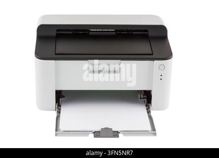 Small compact white laser printer with blank sheets of paper, isolated on a white background. Stock Photo