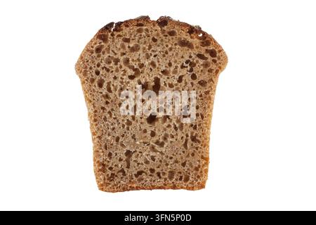 Single slice of homemade dark einkorn bread isolated on a white background. Stock Photo