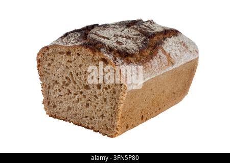 Half loaf of homemade dark bread made with einkorn flour, isolated on a white background. Stock Photo