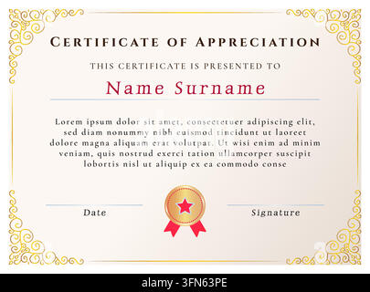 Certificate of appreciation, vector template, elegant award diploma design with gold border, decorative frame and medal. Ideal for recognition, busine Stock Vector