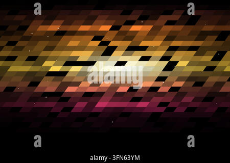 Layered parallelogram tiles form luminous horizontal bands on a black background. Scattered luminous points accent the geometric surface. Stock Vector