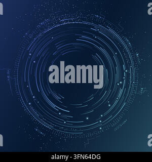 Concentric digital rings and fine circuit details form a circuit core on a dark color gradient. Editable vector artwork. Bright nodes accent the rings Stock Vector