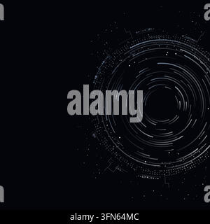 Concentric digital rings and fine circuit details form a circuit core on black. Editable vector artwork. Open left copy space for text. Stock Vector
