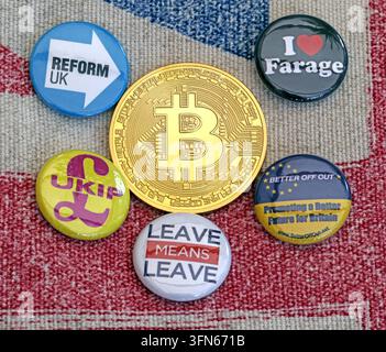 Reform UK and Nigel Farage badges with Bitcoin token, illustrating political funding and crypto-donation scrutiny. Stock Photo