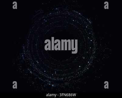 Concentric digital rings and fine circuit details form a particle halo on black. Editable vector artwork. Bright nodes accent the rings. Open central Stock Vector