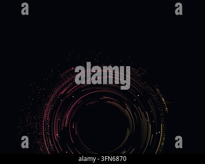 Concentric digital rings and fine circuit details form a circuit core on black. Editable vector artwork. Open upper copy space for text. Stock Vector