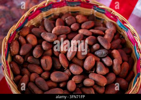 Cocoa beans heaped in a rustic woven basket, raw cacao seeds showing rich brown texture and abundance — natural, unprocessed ingredient for chocolate, Stock Photo
