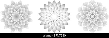Mandala flower dotwork set. Stippled round ornament background collection. Noise grain pattern shapes. Pixel floral petal decoration. Vector radial dotted design for tattoo, clothes, badge, sticker Stock Vector