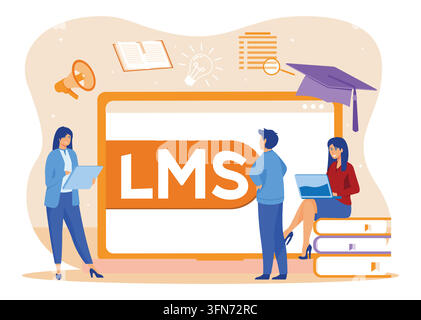 Individuals interacting with a Learning Management System highlighted by educational elements such as books, a graduation cap, and a glowing light bul Stock Vector