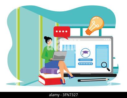 Shows students engaged in online learning using digital tools amidst a dynamic atmosphere. Representing innovation, education and technology in the mo Stock Vector