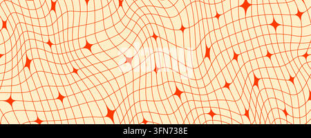 Y2k trippy wavy wireframe background. Distorted grid mesh pattern with stars and sparkles. Orange groovy twinkle and checkered wallpaper. Vector geometric nostalgic aesthetic checkerboard tile texture Stock Vector
