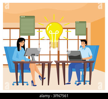 A man and a woman sharing in office, symbolizing collaboration, innovation, and teamwork. The setting includes desks, computers, and a large lightbulb Stock Vector