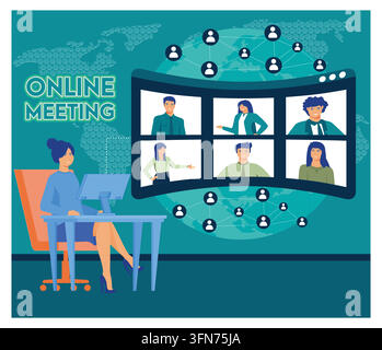 A modern virtual meeting setup, with participants connecting online globally, symbolizing cooperation and remote collaboration through technology. Fla Stock Vector