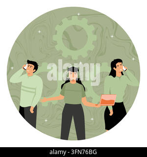 Teamwork in a business setting emphasizing communication and collaboration through technology, showcasing diverse professionals with technical devices Stock Vector