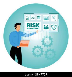 Businessman presenting risk management insights, emphasizing strategy and business optimization. Flat vector modern illustration Stock Vector
