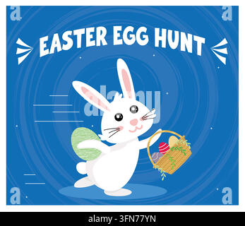 Cute Easter Bunny carries a basket filled with eggs, celebrating the seasonal celebration on a bright blue background. Flat vector modern illustration Stock Vector