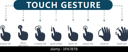 Touch gesture vector infographic set featuring flat icons for double tap, press and hold, 2 finger tap, swipe down, swipe up, single tap, zoom in Stock Vector