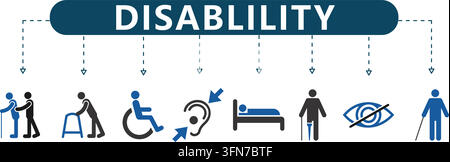 Disability vector infographic set featuring flat icons for mobility support, walking aid, wheelchair, hearing impairment, bedridden, prosthetic leg Stock Vector