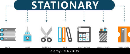 Stationery vector infographic set featuring flat icons for book, glue, scissors, file, calculator, pencil stand, and sharpener concepts. Stock Vector