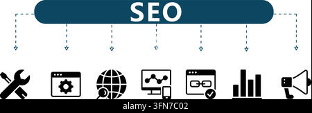 Search engine optimization vector set featuring black icons for tools, setting browser, global search, analytics, backlink, chart, and megaphone. Stock Vector