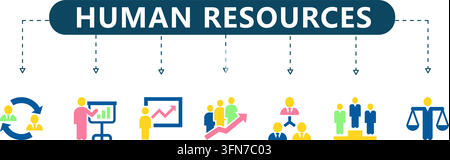 Human resources vector set featuring colorful flat icons with staff management, training, growth, hierarchy, team ranking, and legal scale concepts. Stock Vector