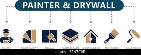 Painter and drywall vector set featuring blue and brown icons for painter, color palette, drywall, plasterboard, house painting, brush, and roller. Stock Vector