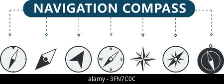 Navigation compass vector set featuring black and white icons with directional arrows, windrose, and geographic orientation concepts. Stock Vector