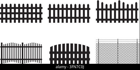 Fence vector silhouette set featuring six different black wooden fences and chain-link barrier designs for property boundary and security concepts. Stock Vector