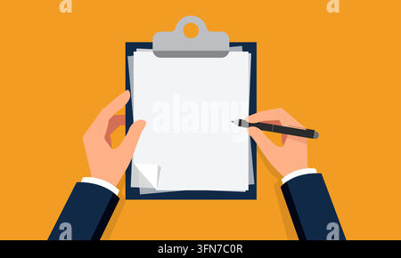 Clipboard and paper vector illustration featuring hands in business suits writing with a pen on documents over a yellow desk background. Stock Vector
