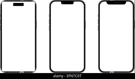 Smartphone mockup vector set featuring three modern mobile phone templates with blank white screens and different camera cutout notch designs. Stock Vector