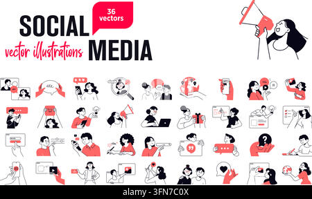Social media vector illustrations set featuring 36 flat pink and black icons with people, devices, communication, and digital networking concepts. Stock Vector