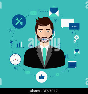 Customer service support vector illustration featuring a helpdesk agent with headset surrounded by communication, email, and technical icons. Stock Vector